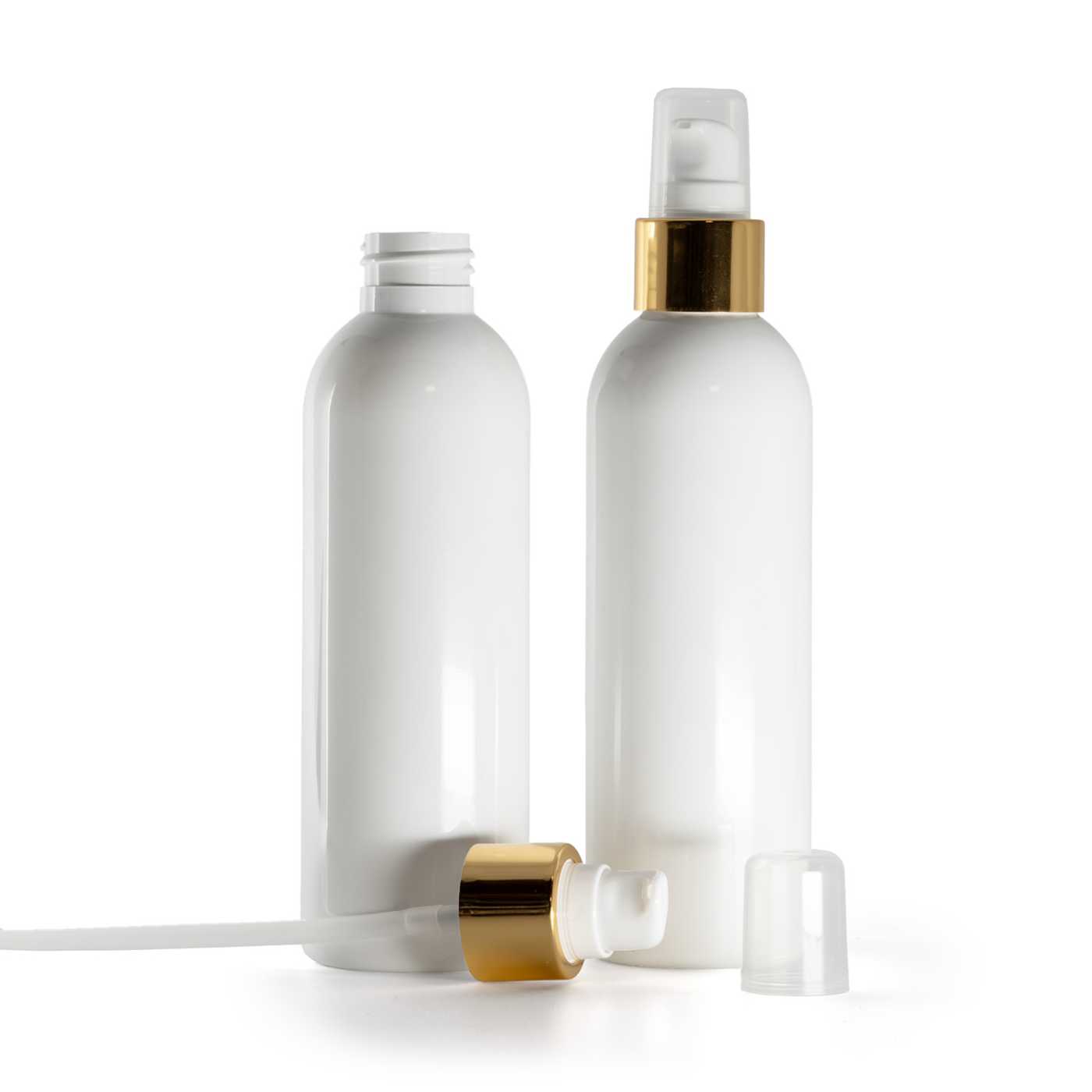 Flacon en plastique blanc, pompe lotion blanche avec surcapuchon, doré brillant, 200 ml
