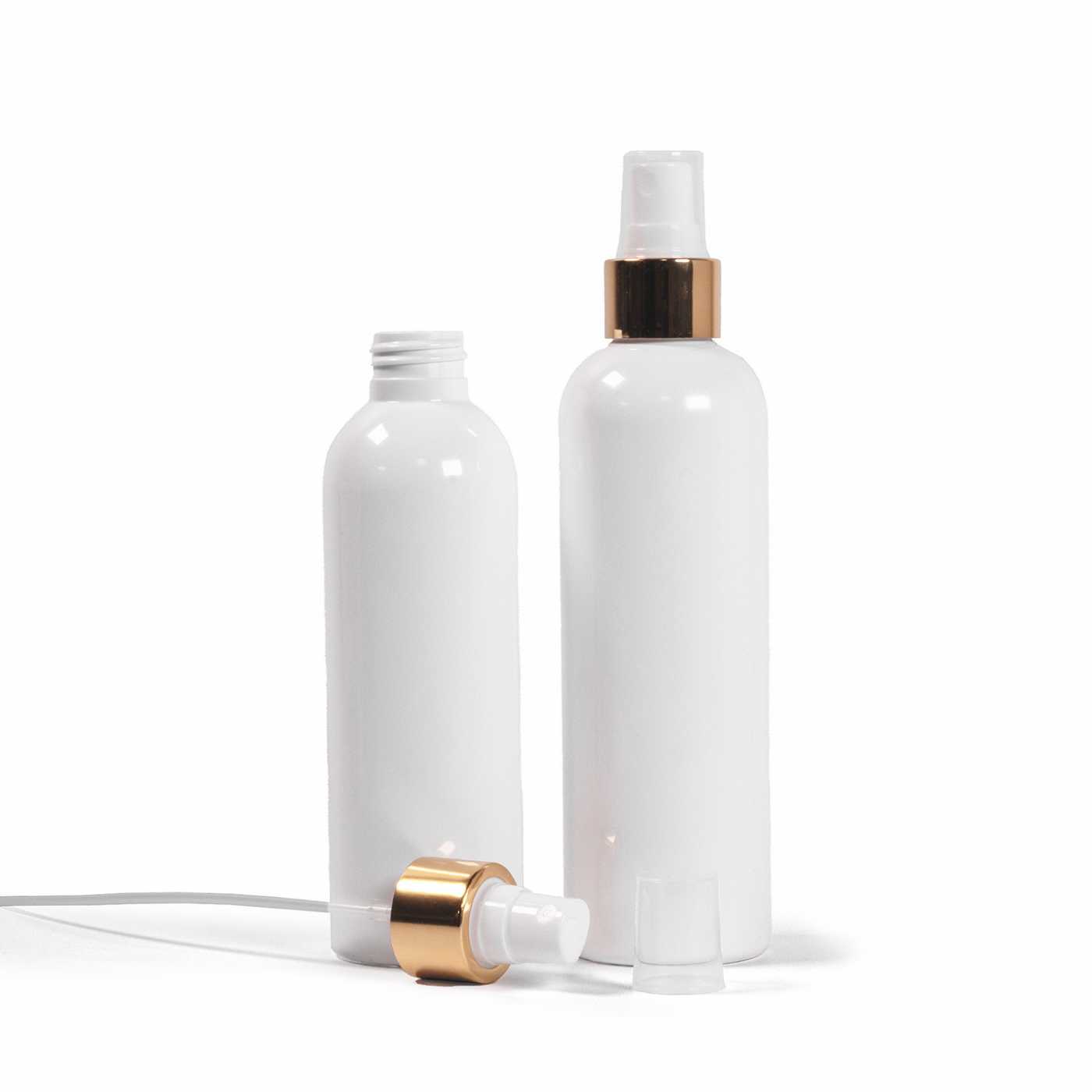 Bouteille en plastique blanche, spray brume fine blanc, bague dorée brillante, 200 ml