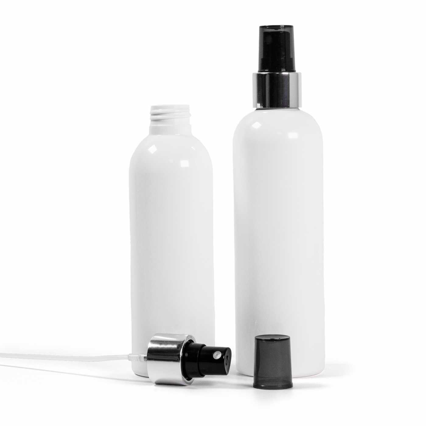 Flacon en plastique blanc, spray noir, bague argentée brillante, 200 ml