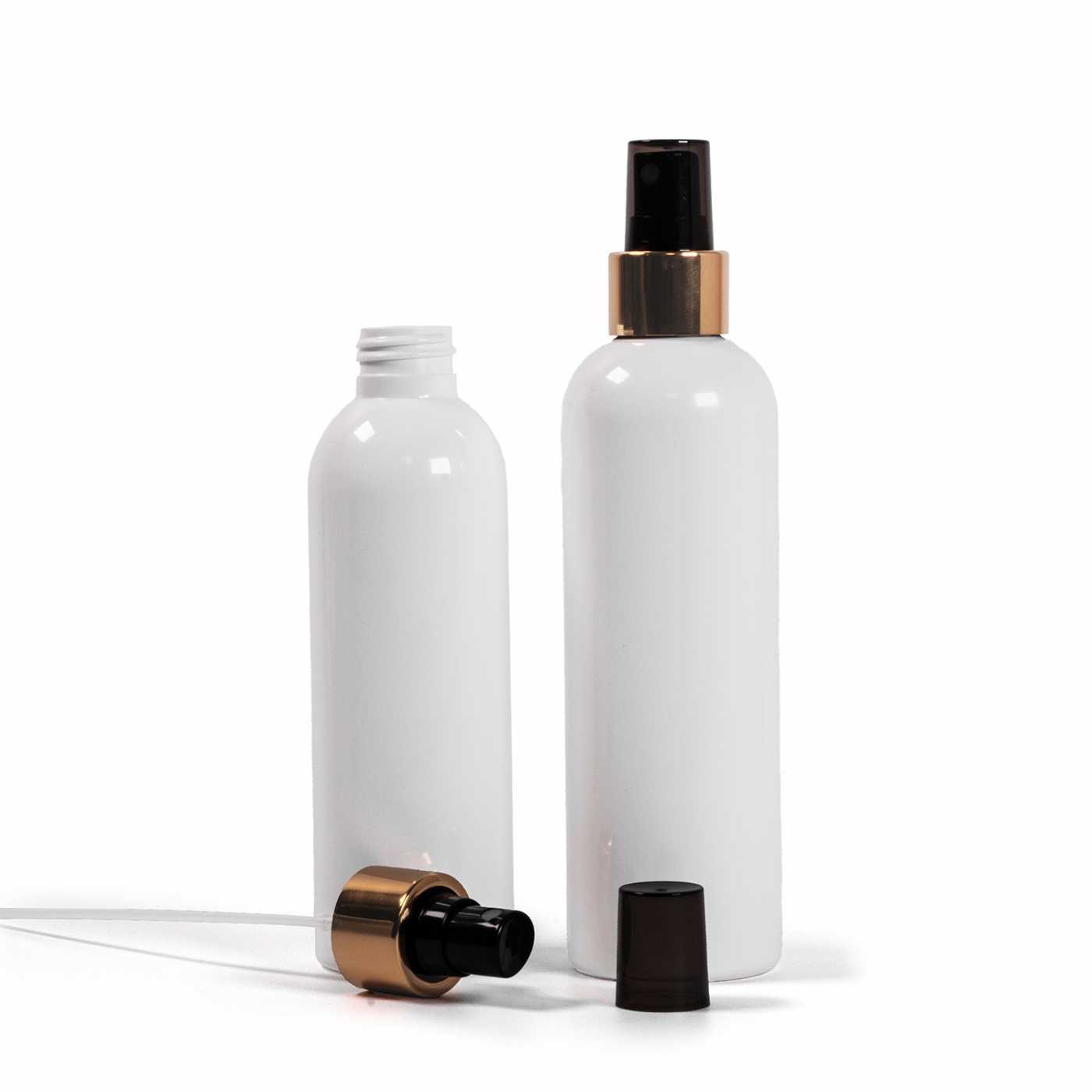 Bouteille en plastique blanche, spray brume fine noir, bague dorée brillante, 200 ml