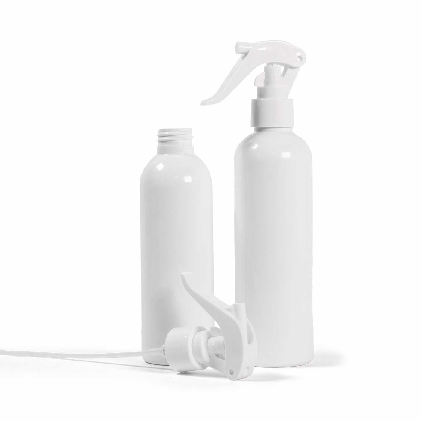 Bouteille en plastique blanche, pulvérisateur à gâchette blanc, 200 ml