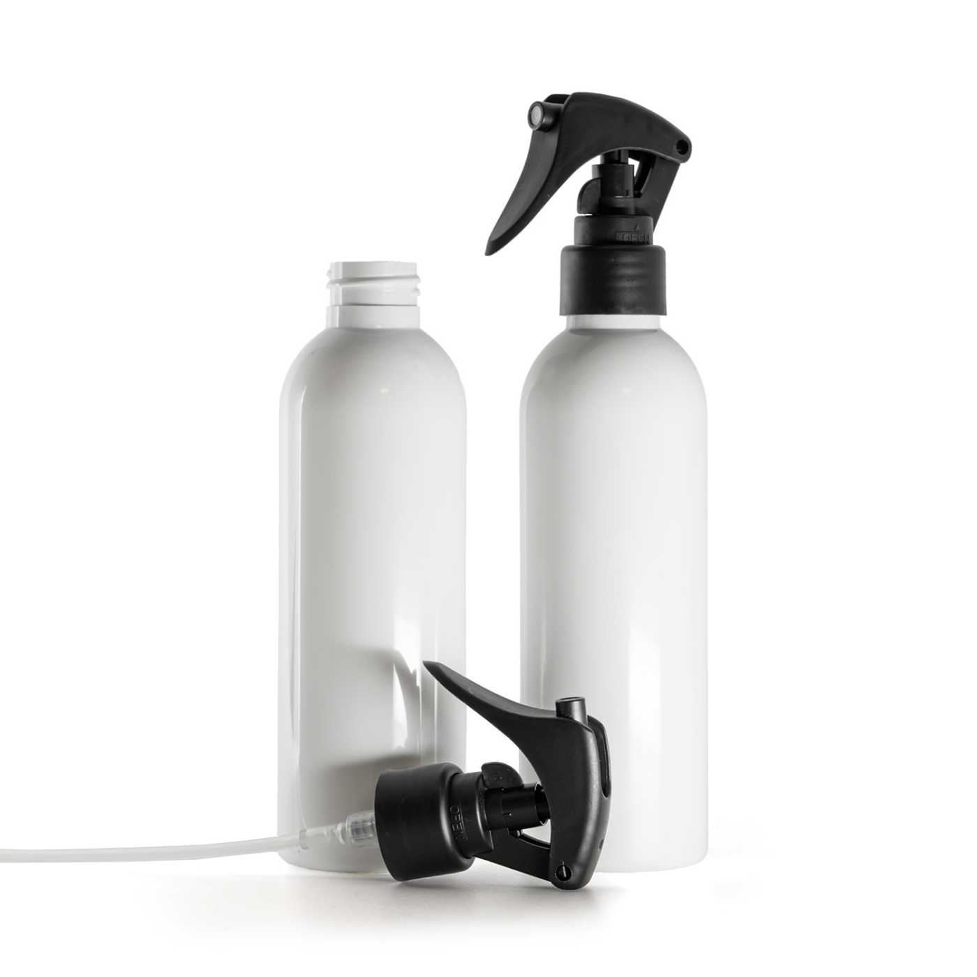 Flacon en plastique blanc, pulvérisateur à gâchette noir mat, collerette lisse, 200 ml