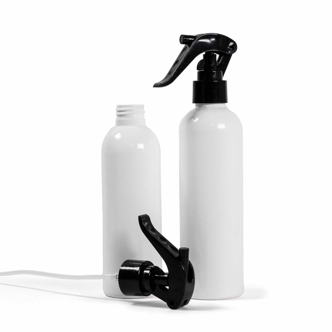 Bouteille en plastique blanche, pulvérisateur à gâchette noir, 200 ml
