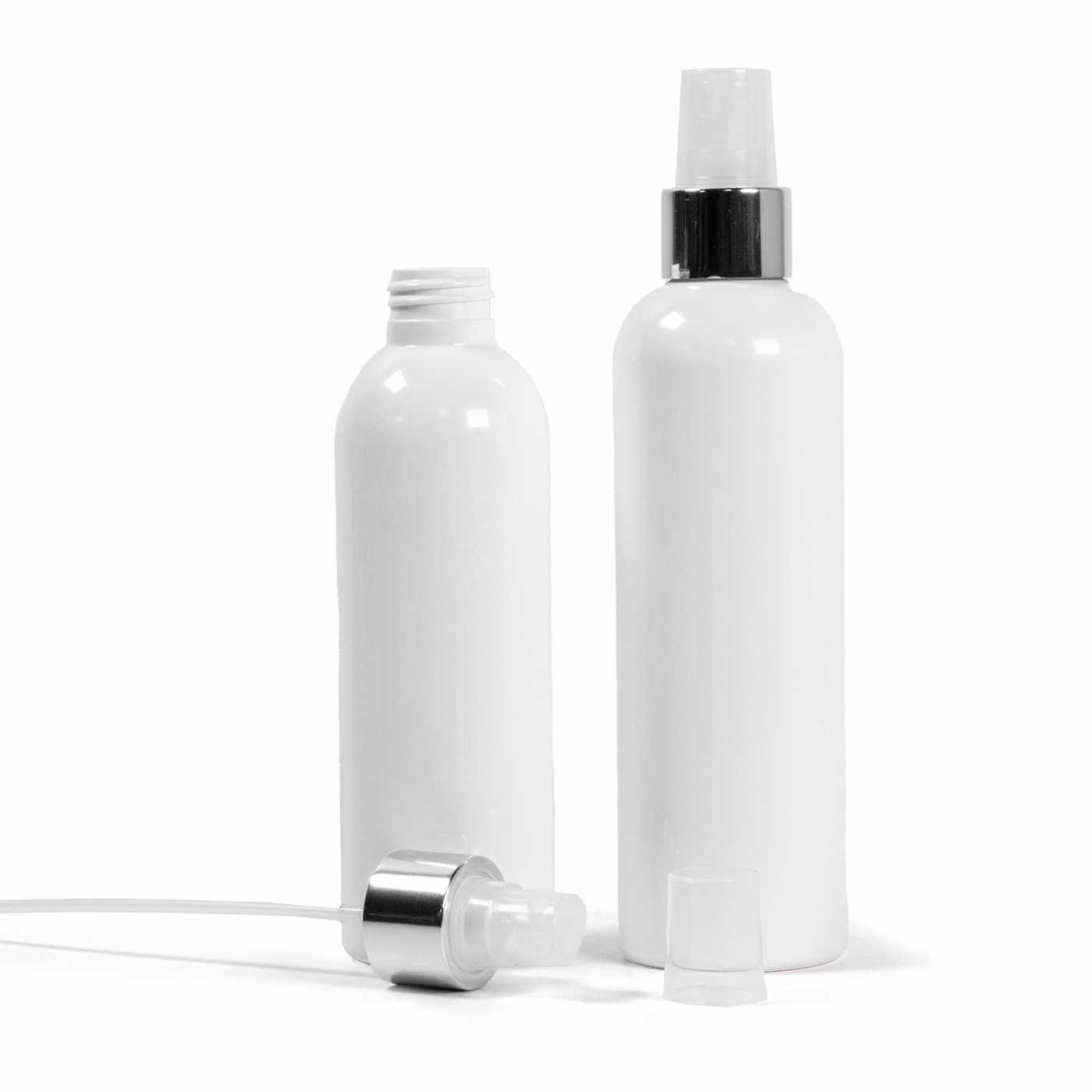 Plastová láhev bílá, průhledný rozprašovač, stříbrná lesklá obruč, 200 ml
