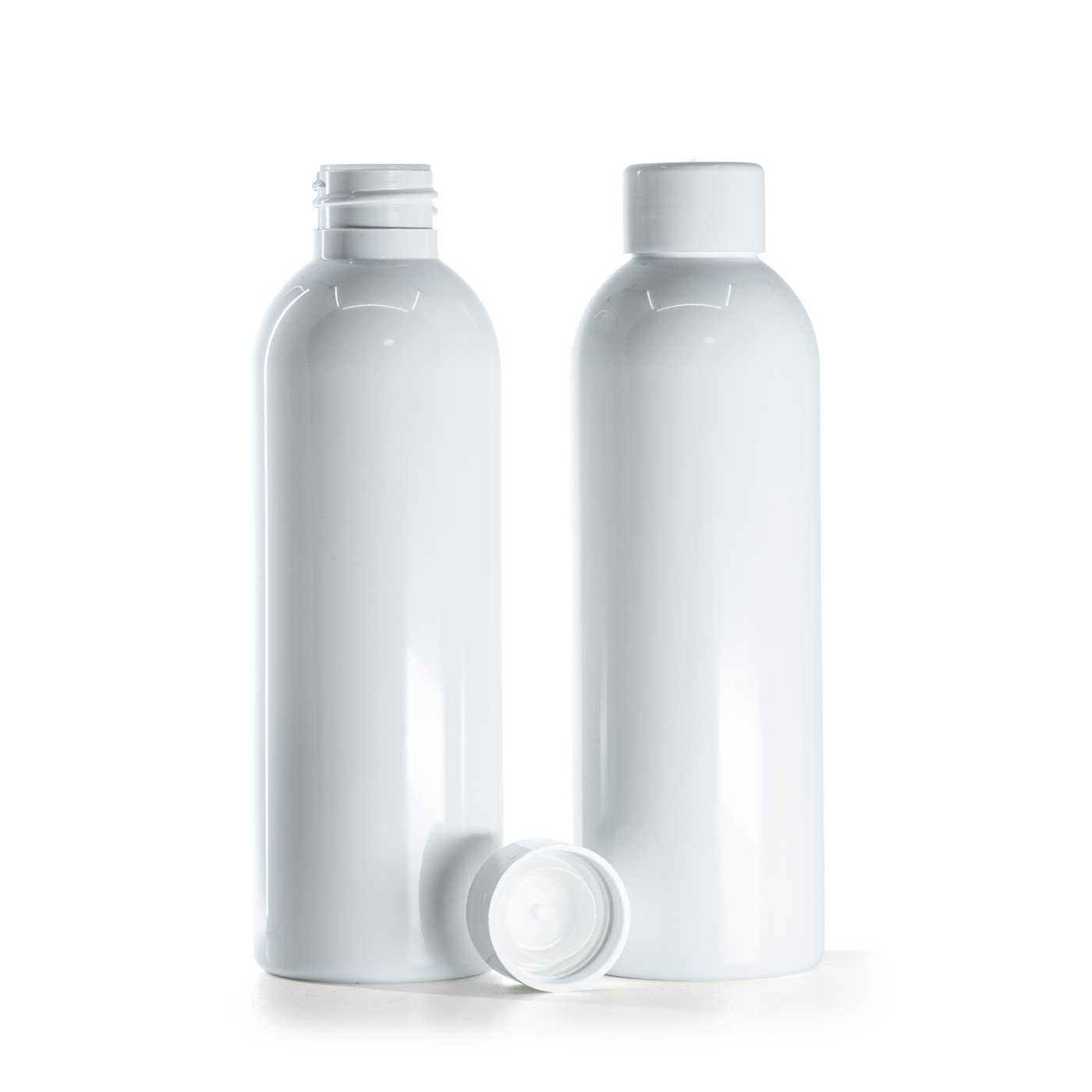 Flacon en plastique blanc, bouchon blanc lisse avec réducteur, 200 ml