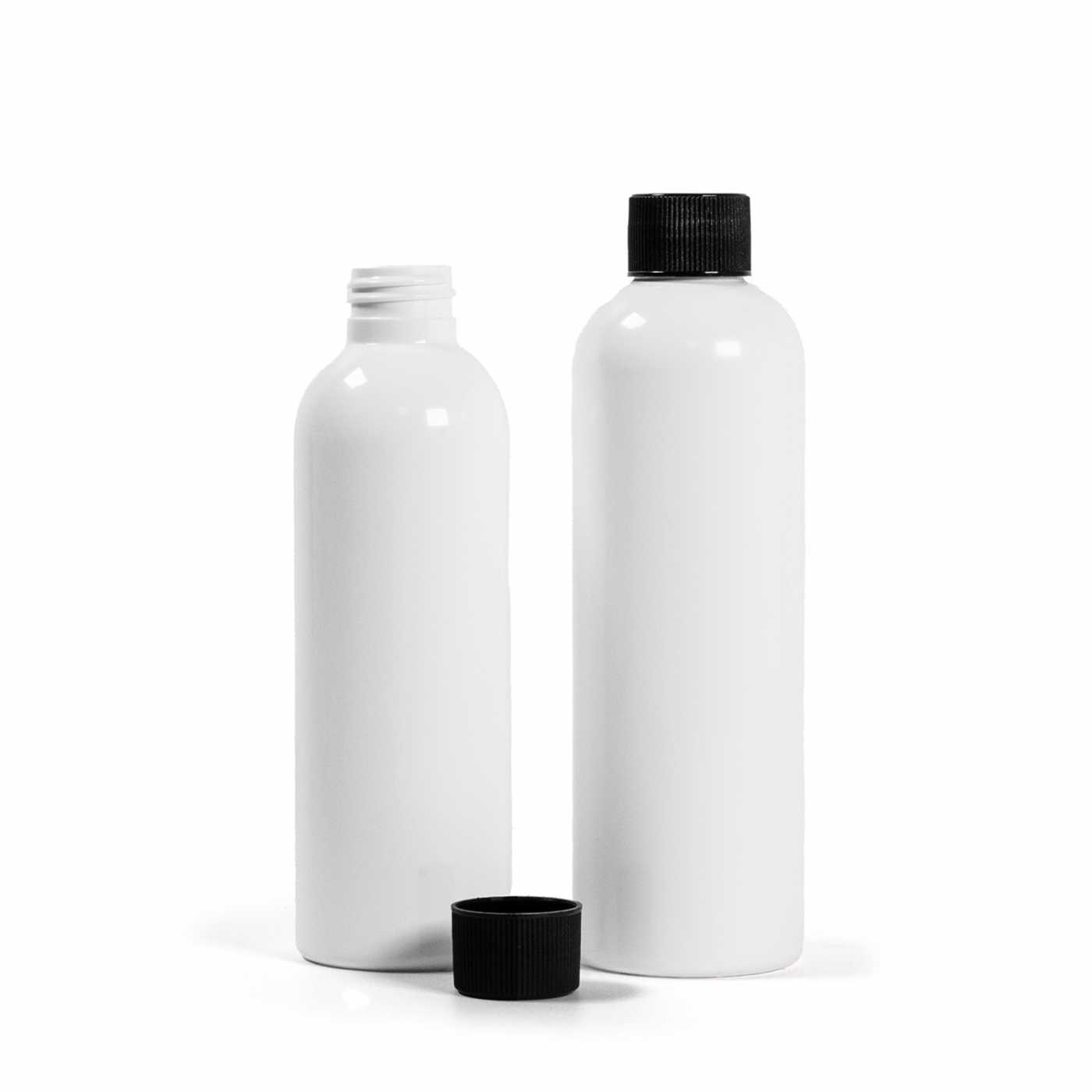 Bouteille en plastique blanche, bouchon noir rainuré, 200 ml