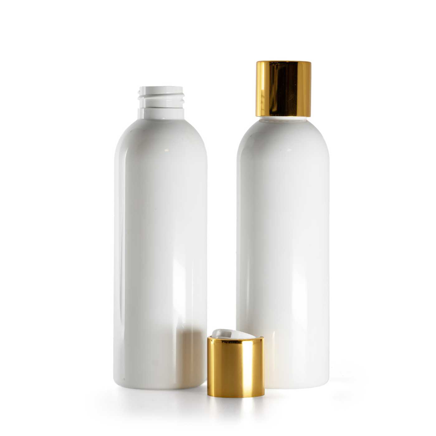 Flacon en plastique blanc, bouchon disc-top doré avec insert blanc, 200 ml