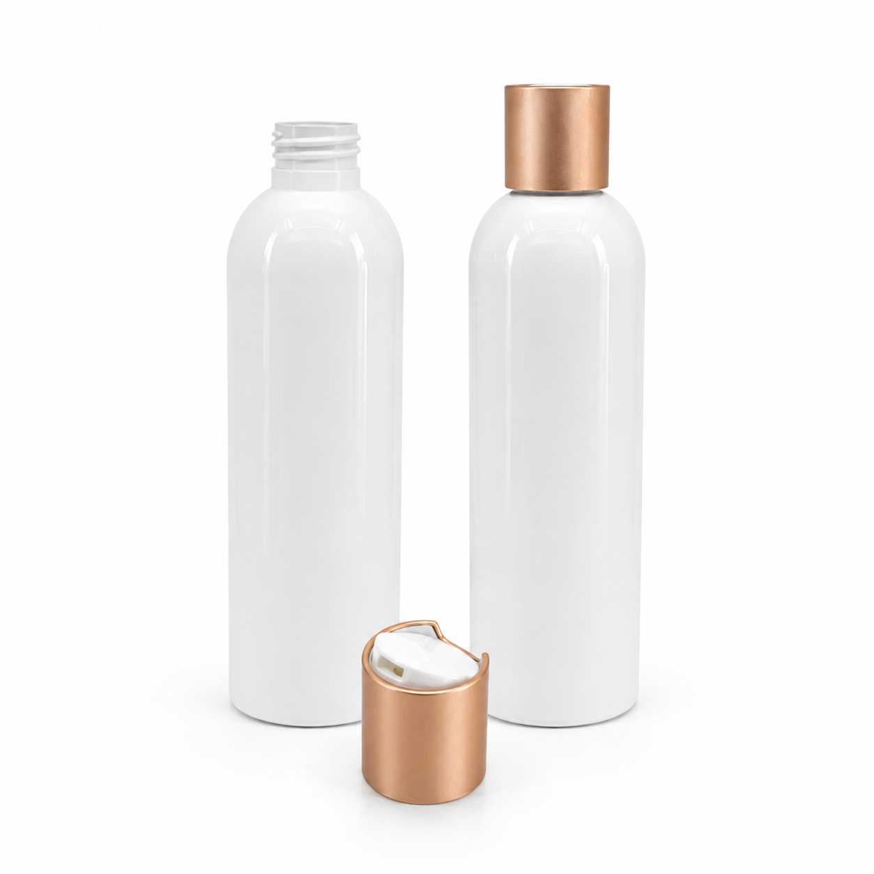 Flacon en plastique blanc, bouchon disc-top, bague en aluminium rose gold mate, 200 ml