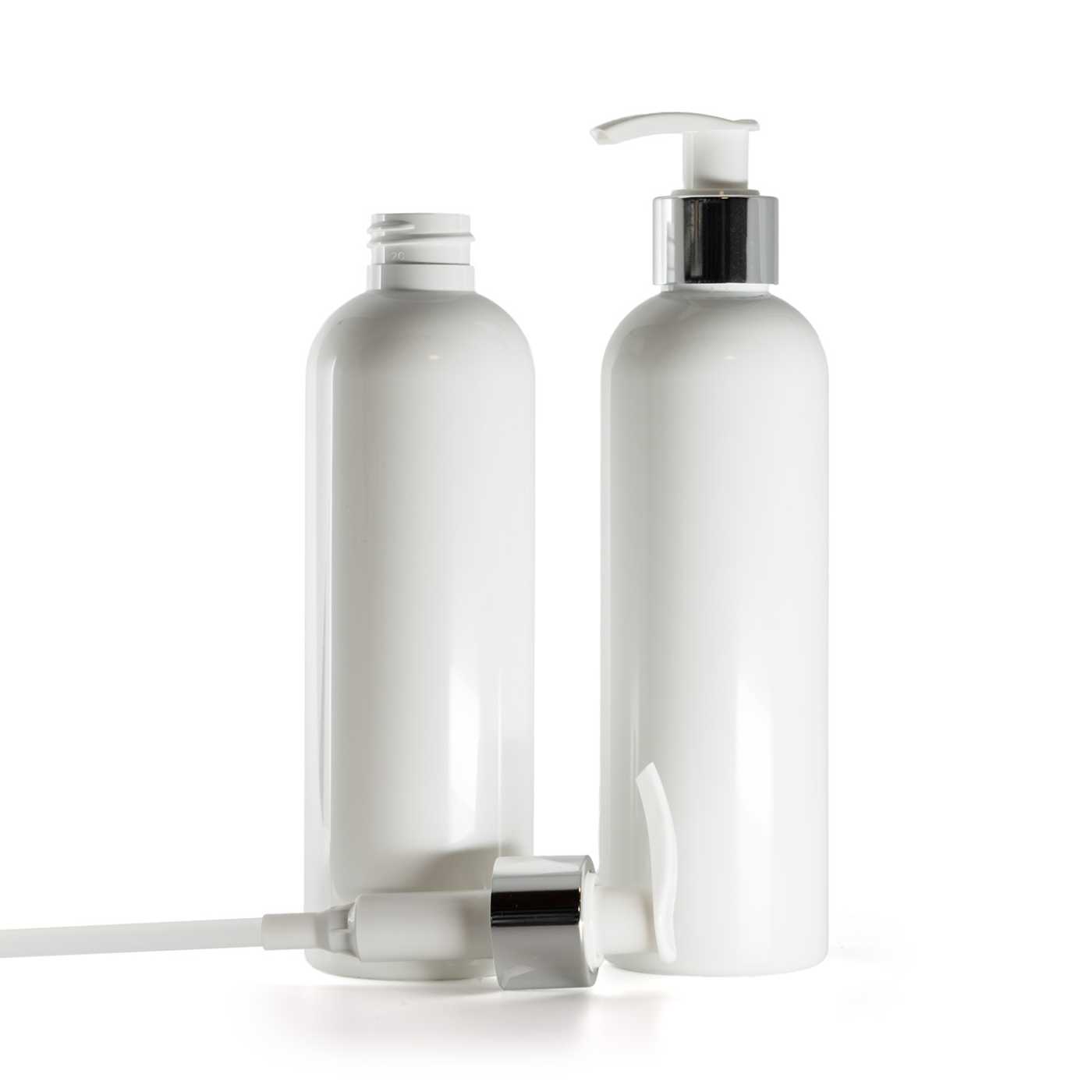 Kunststoffflasche, weiß, weiße Pumpe mit glänzend silbernem Ring, 250 ml