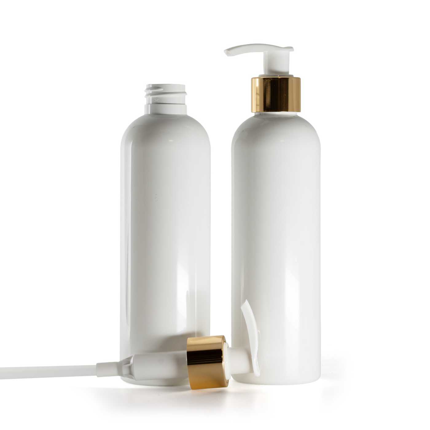 Flacon en plastique blanc, pompe lotion blanche avec bague dorée brillante, 250 ml