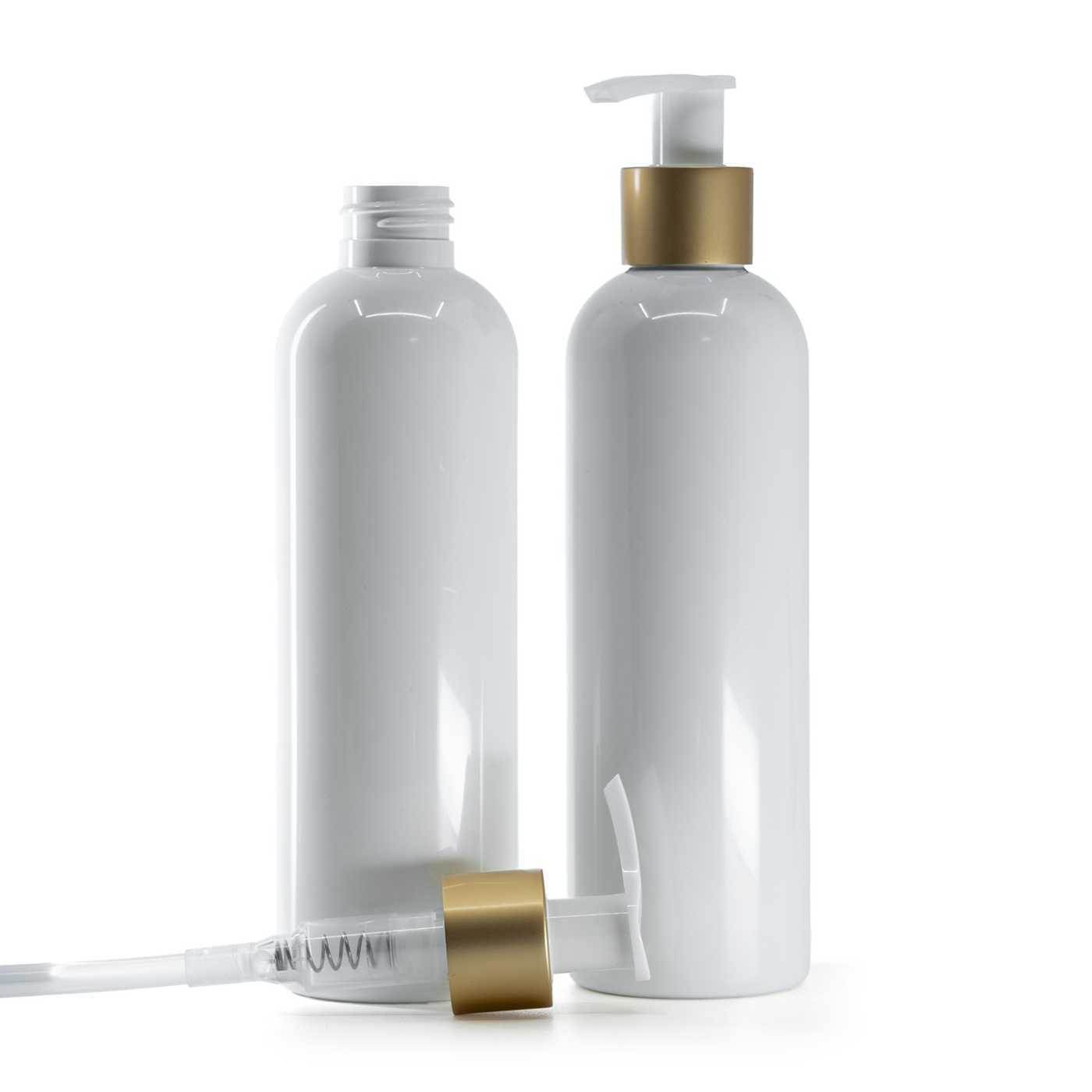 Butelka plastikowa biała, dozownik biało-złoty matowy, 250 ml