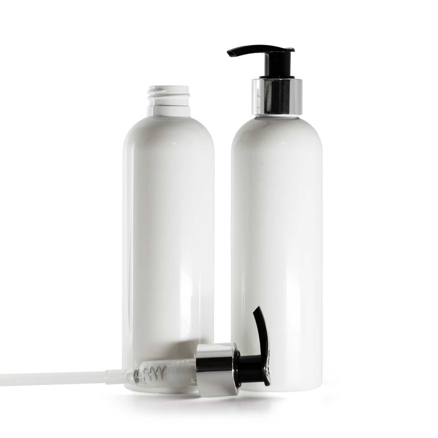 Butelka plastikowa biała, czarny dozownik z błyszczącym srebrnym kołnierzem, 250 ml