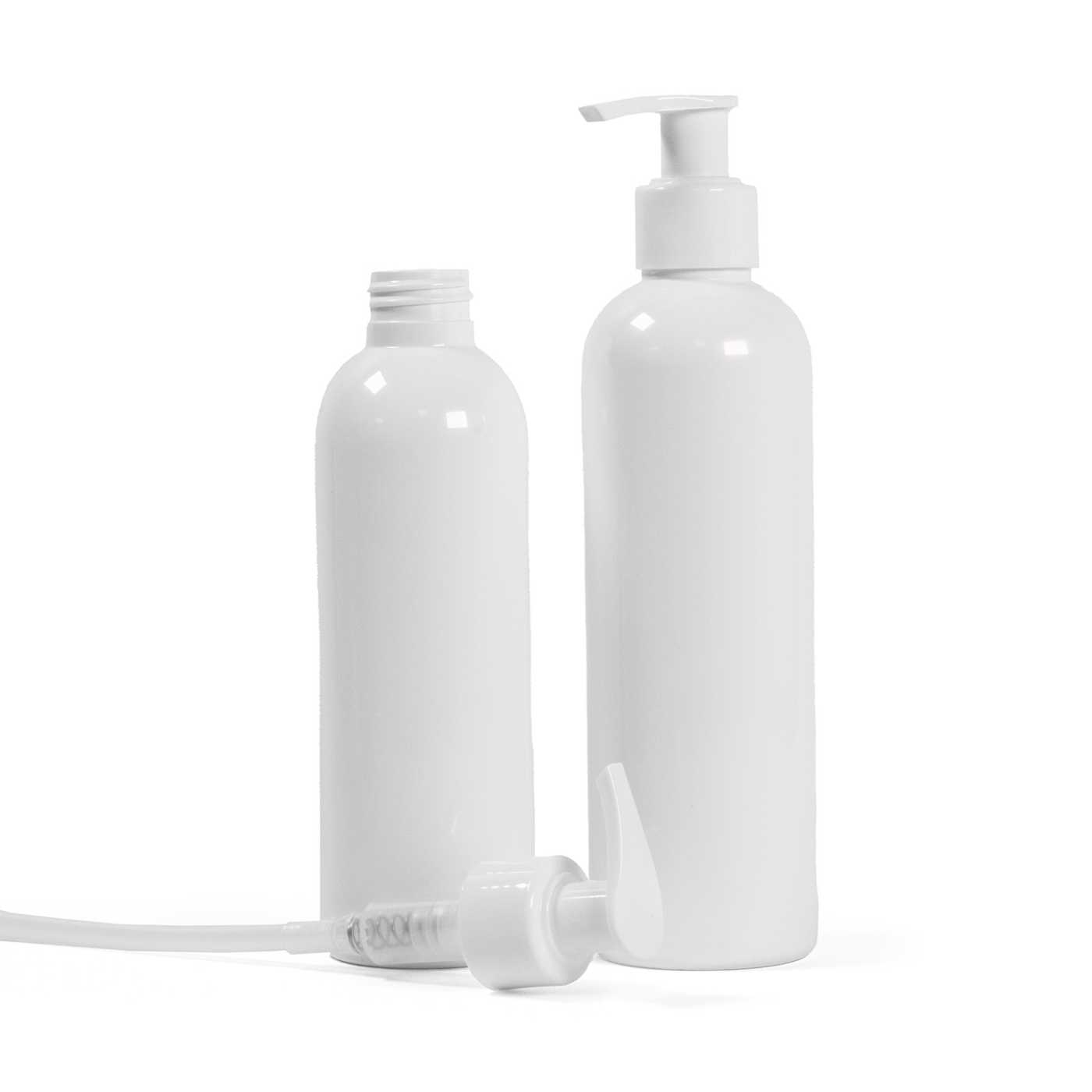 Kunststoffflasche, weiß, weiße Pumpe, 250 ml