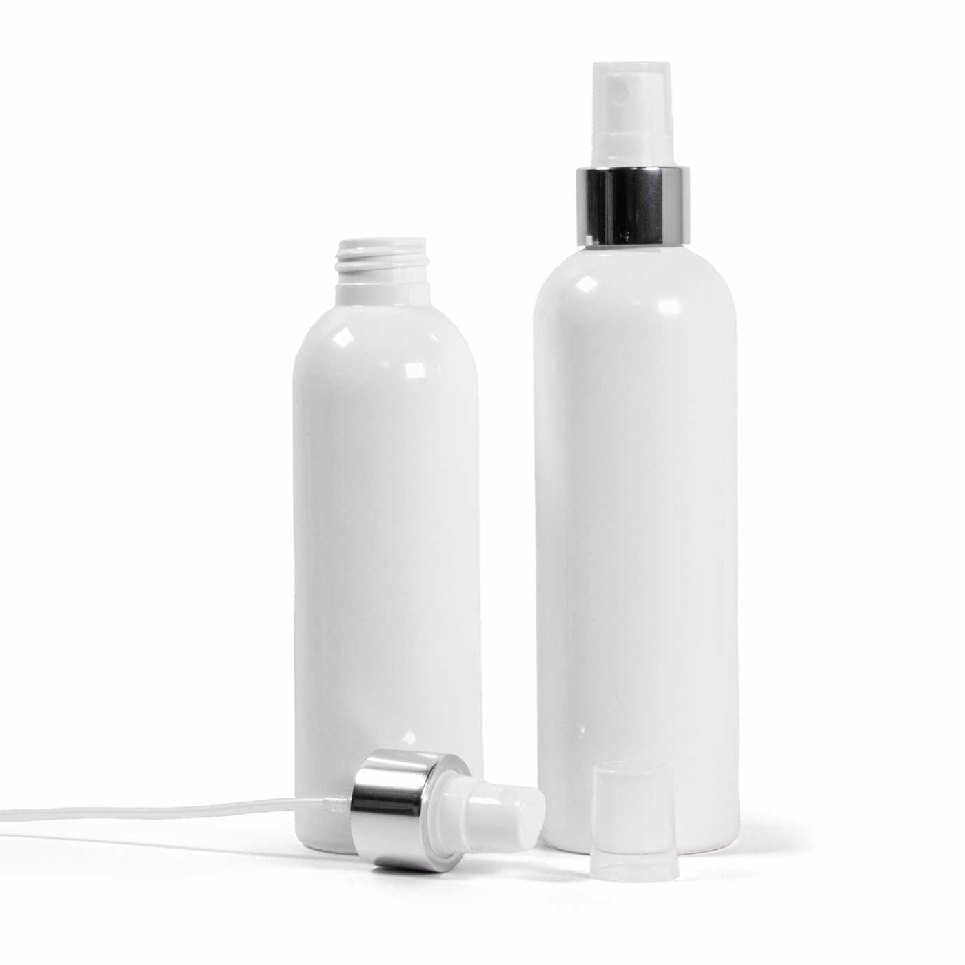 Flacon en plastique blanc, spray brume fine blanc, bague argentée brillante, 250 ml