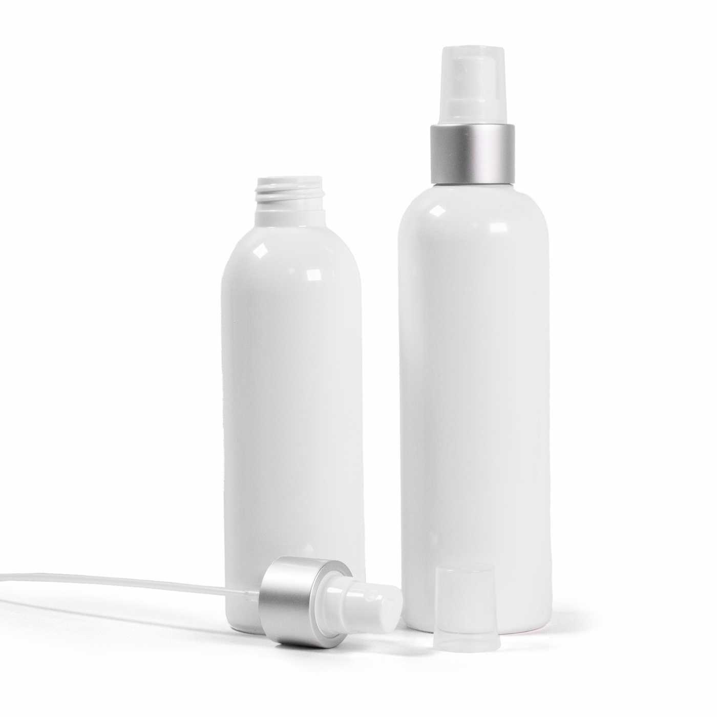 Flacon en plastique blanc, spray brume fine blanc, bague argentée mate, 250 ml