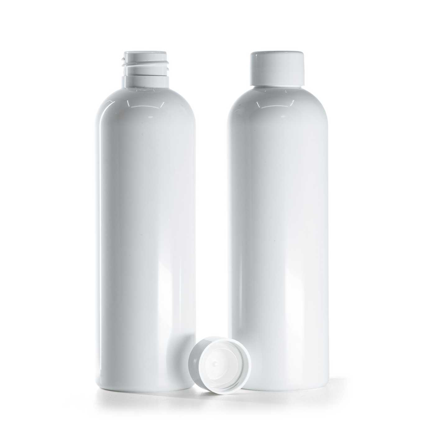 Flacon en plastique blanc, bouchon lisse blanc avec réducteur, 250 ml