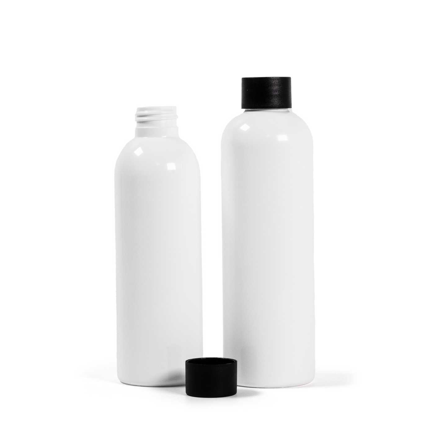 Butelka plastikowa biała, 24/410, nakrętka plastikowa czarna matowa, 250 ml