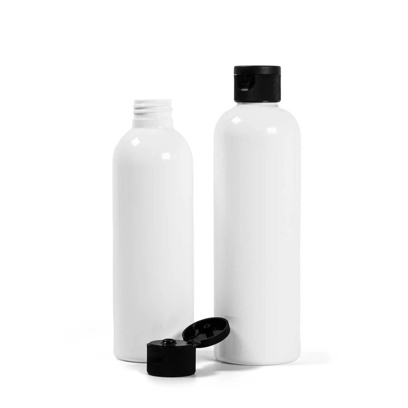 Kunststoffflasche, weiß, schwarzer Klappverschluss, 250 ml