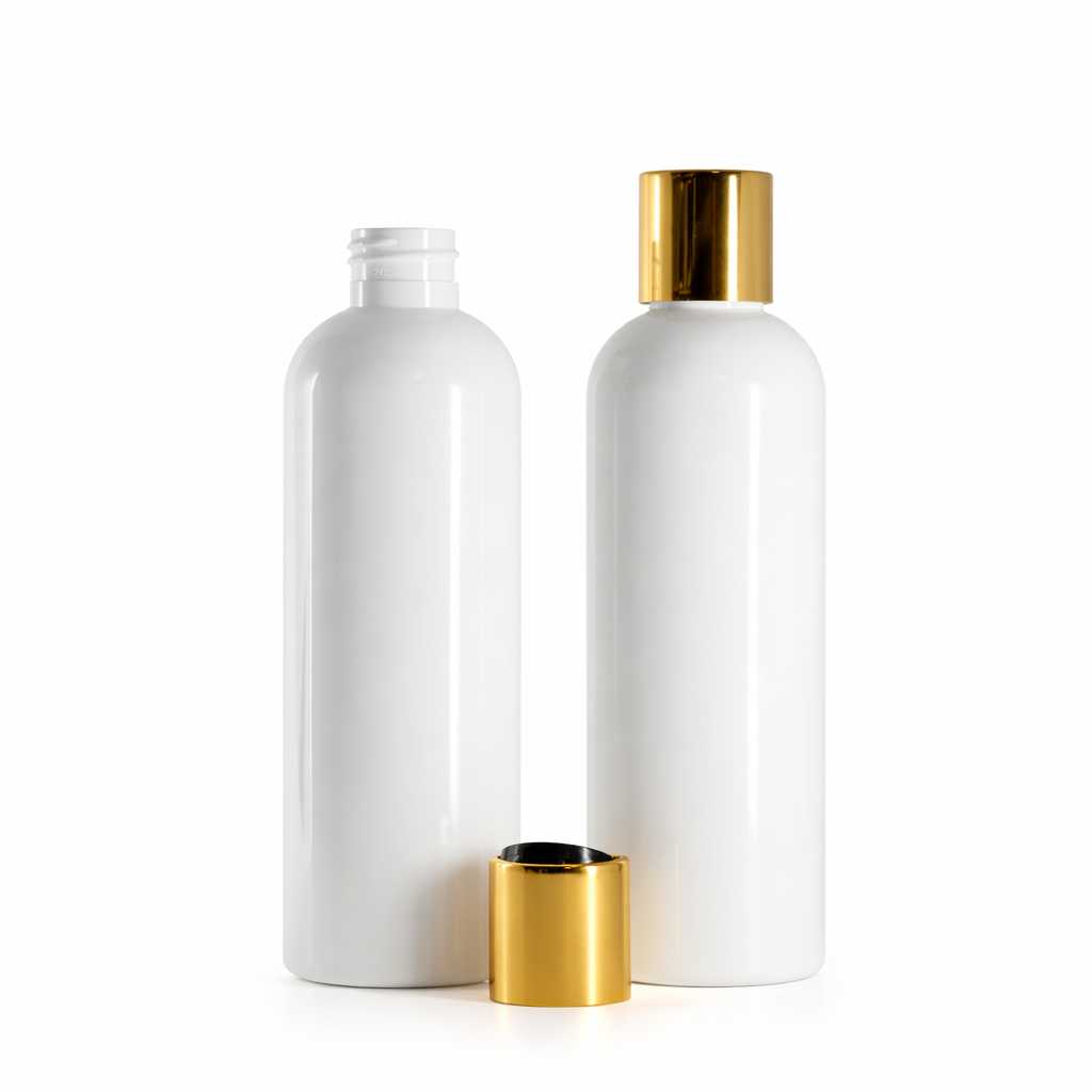 Butelka plastikowa biała, czarny disc top ze złotym pierścieniem aluminiowym, 250 ml