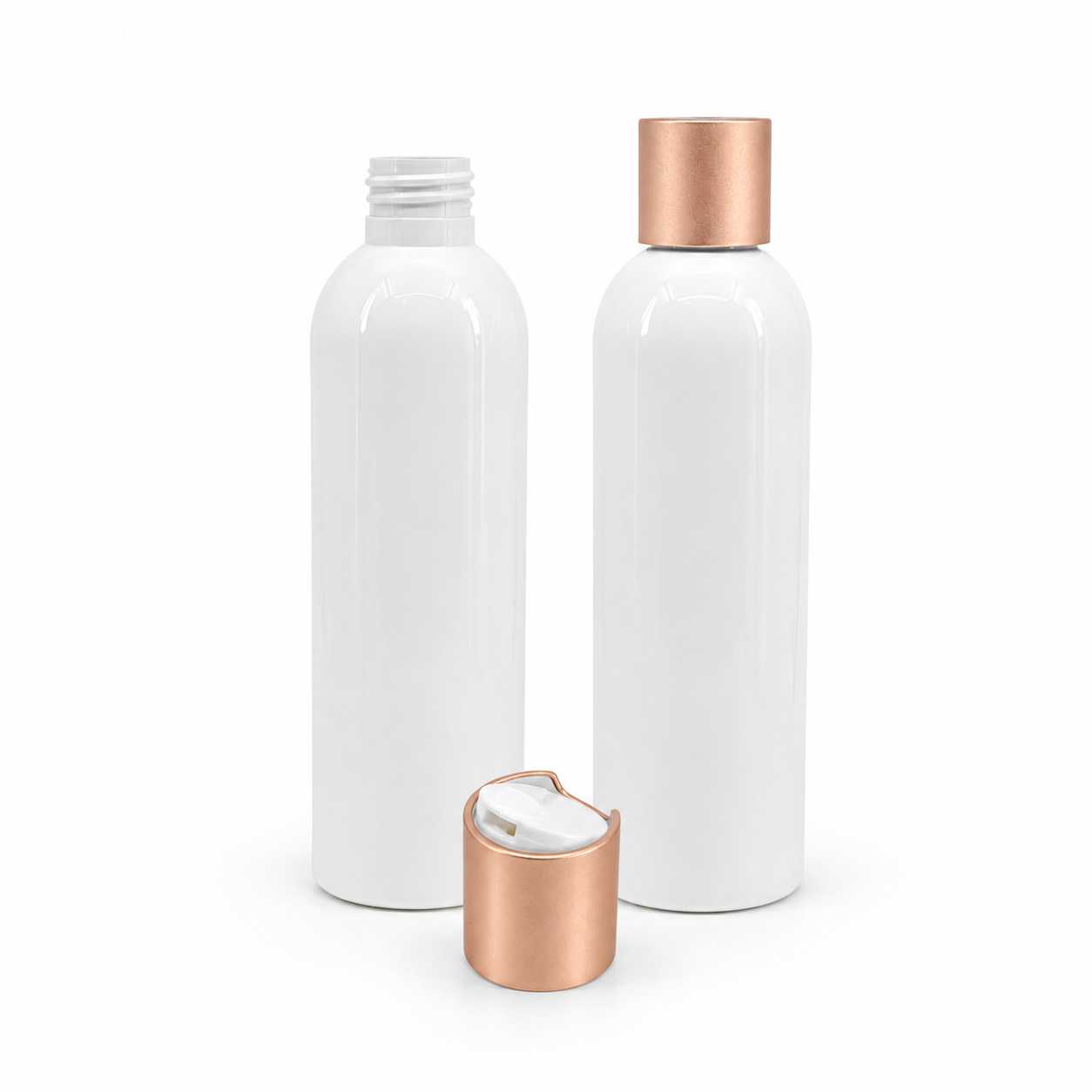 Kunststoffflasche, weiß, Disc-Top-Verschluss, matt Roségold, 250 ml