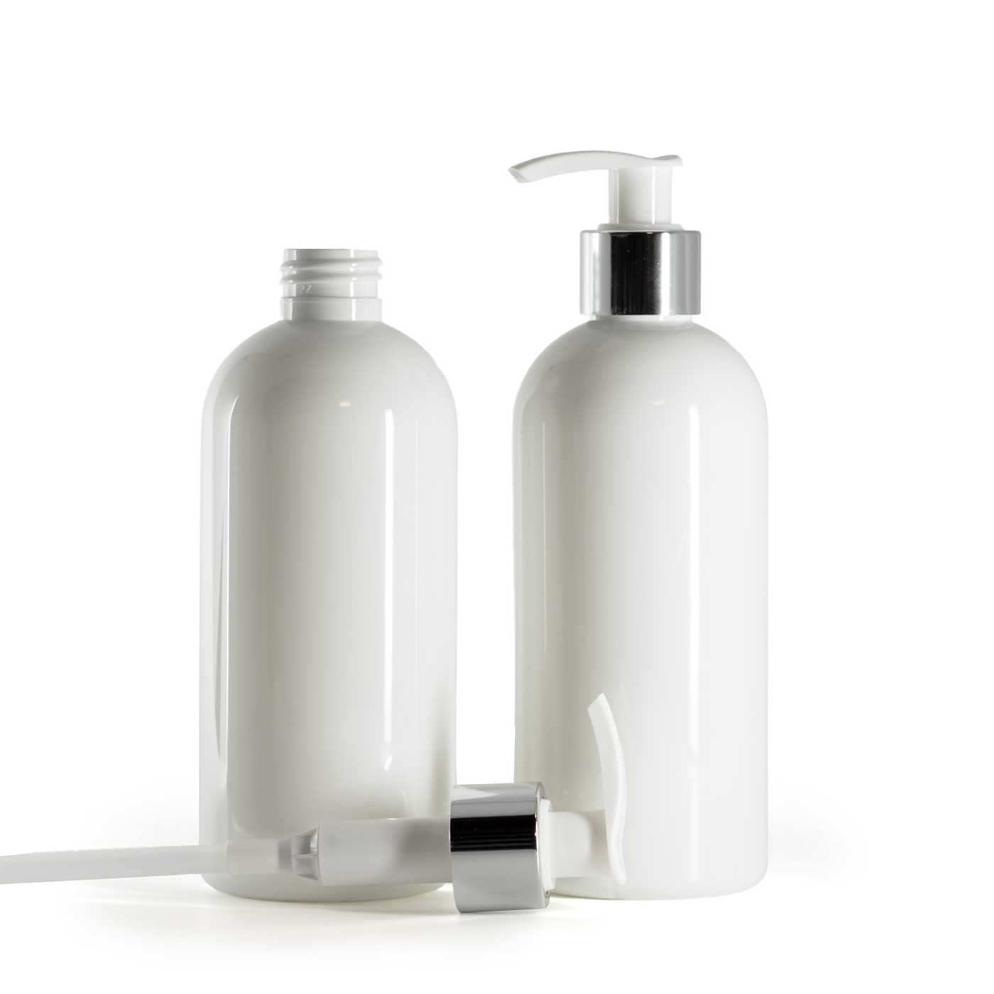 Kunststoffflasche, weiß, weißer Dispenserspender mit glänzend silbernem Ring, 300 ml