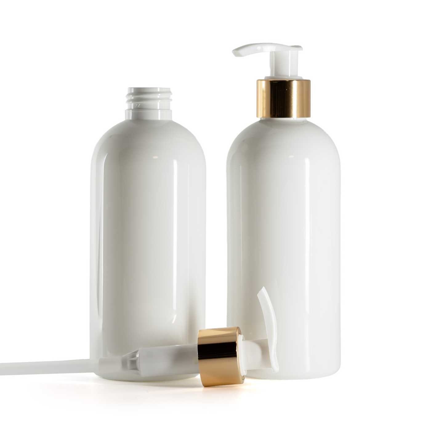 Butelka plastikowa biała, dozownik biało-złoty, 300 ml