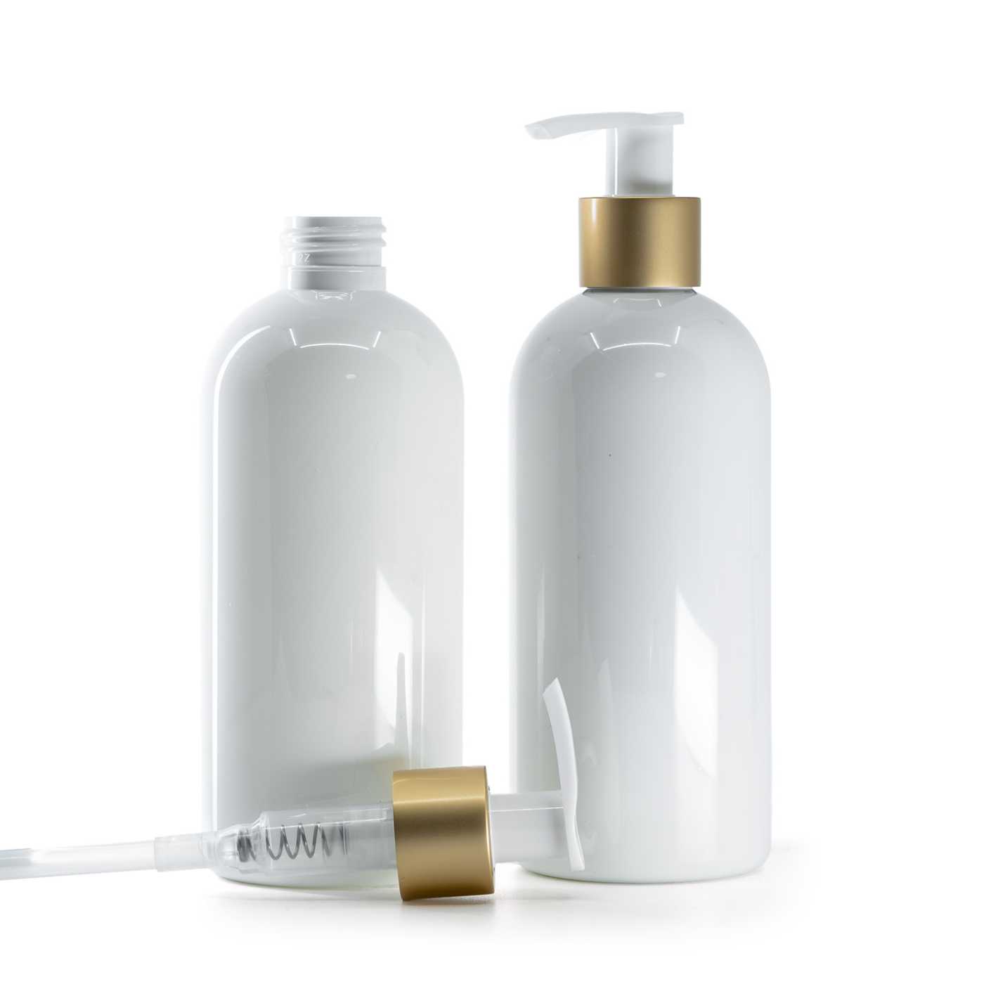 Kunststoffflasche, weiß, weiße Lotionpumpe mit mattgoldenem Ring, 300 ml