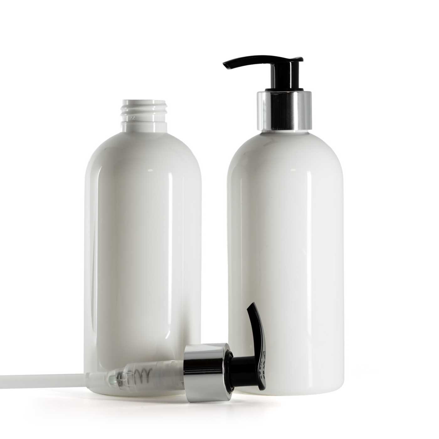 Flacon en plastique blanc, distributeur noir et argenté, 300 ml