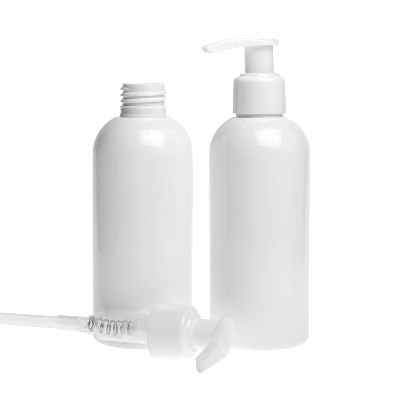 Kunststoffflasche, weiß, weiße Pumpe, 300 ml
