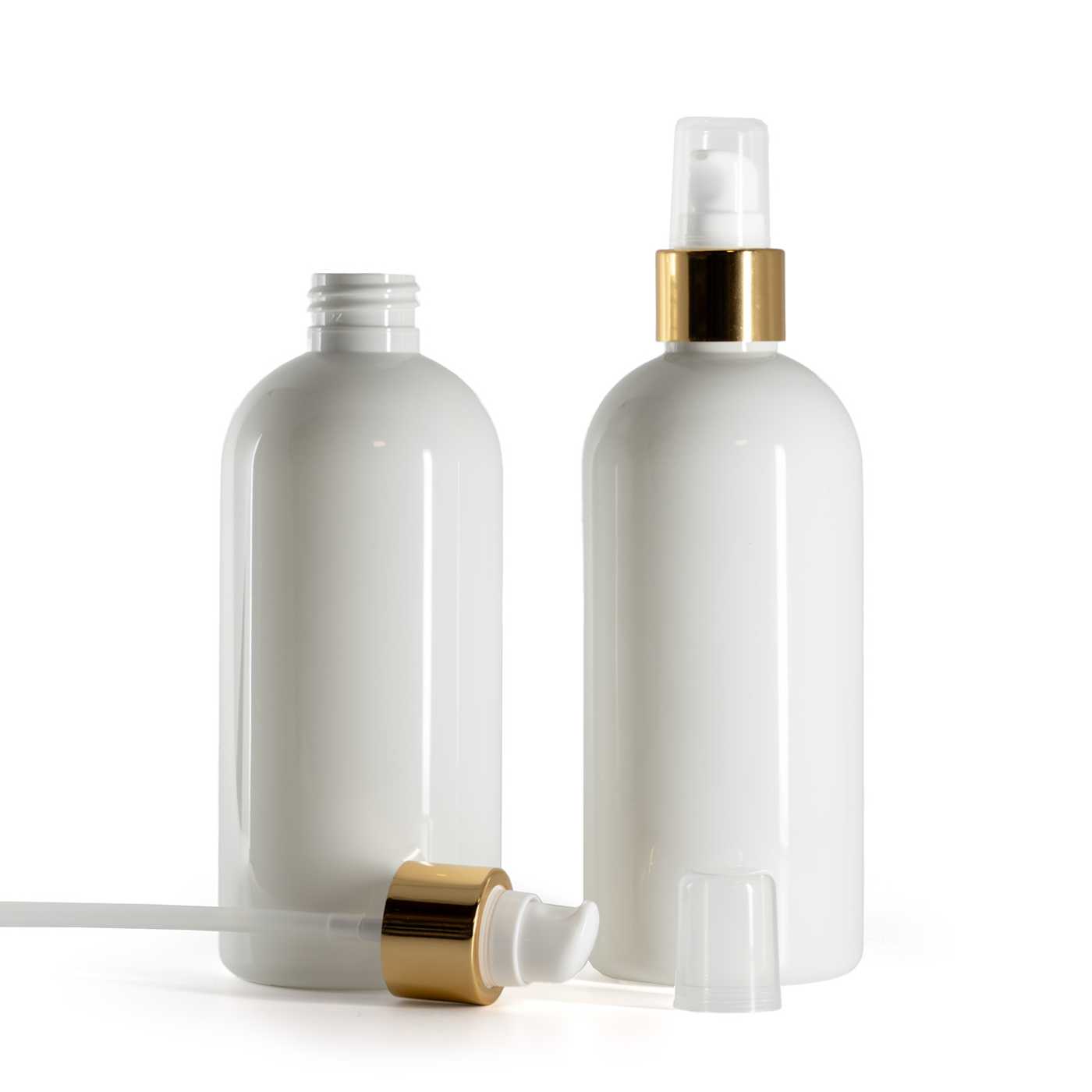 Kunststoffflasche, weiß, Lotionpumpe mit Überkappe, glänzend gold, 300 ml