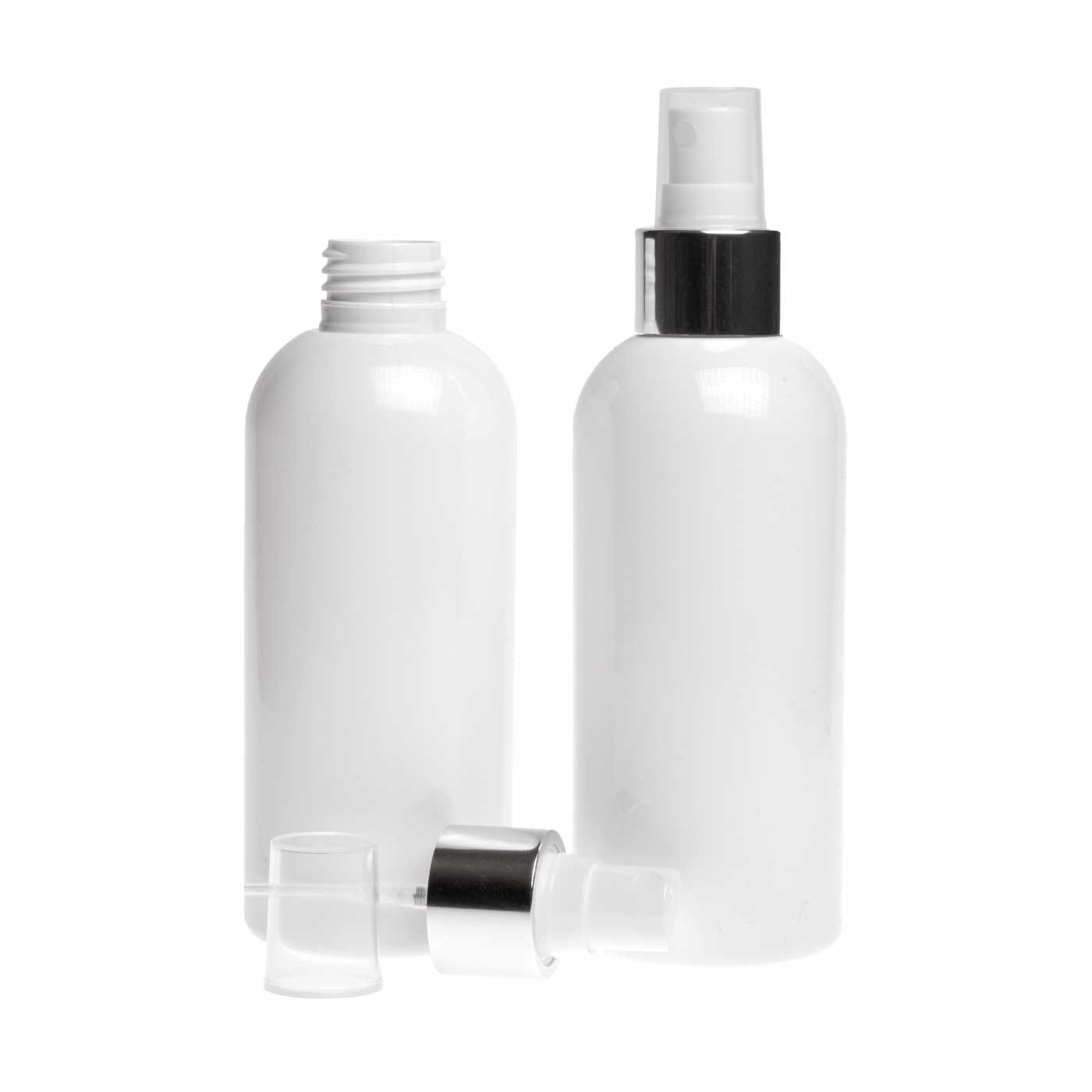 Butelka plastikowa biała, atomizer biały ze srebrną błyszczącą obręczą, 300 ml