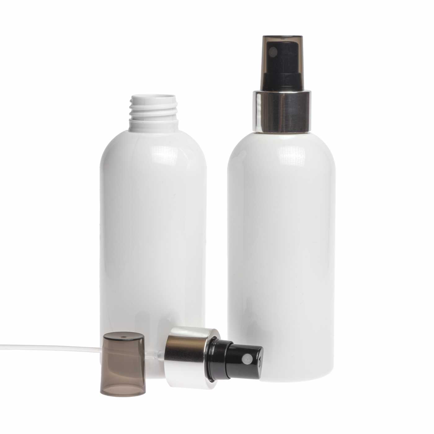 Butelka plastikowa biała, atomizer czarny, srebrna błyszcząca obręcz, 300 ml