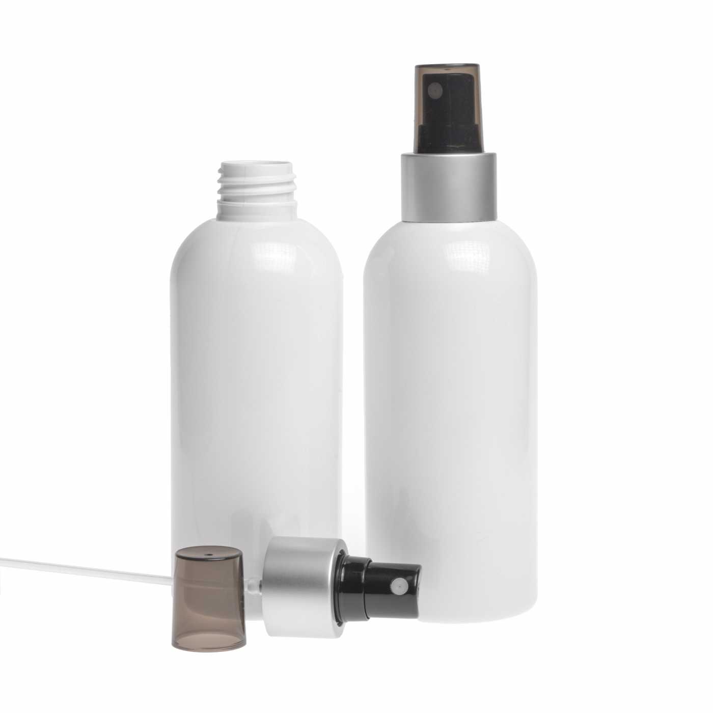 Flacon en plastique blanc, spray brume fine noir, bague argentée mate, 300 ml
