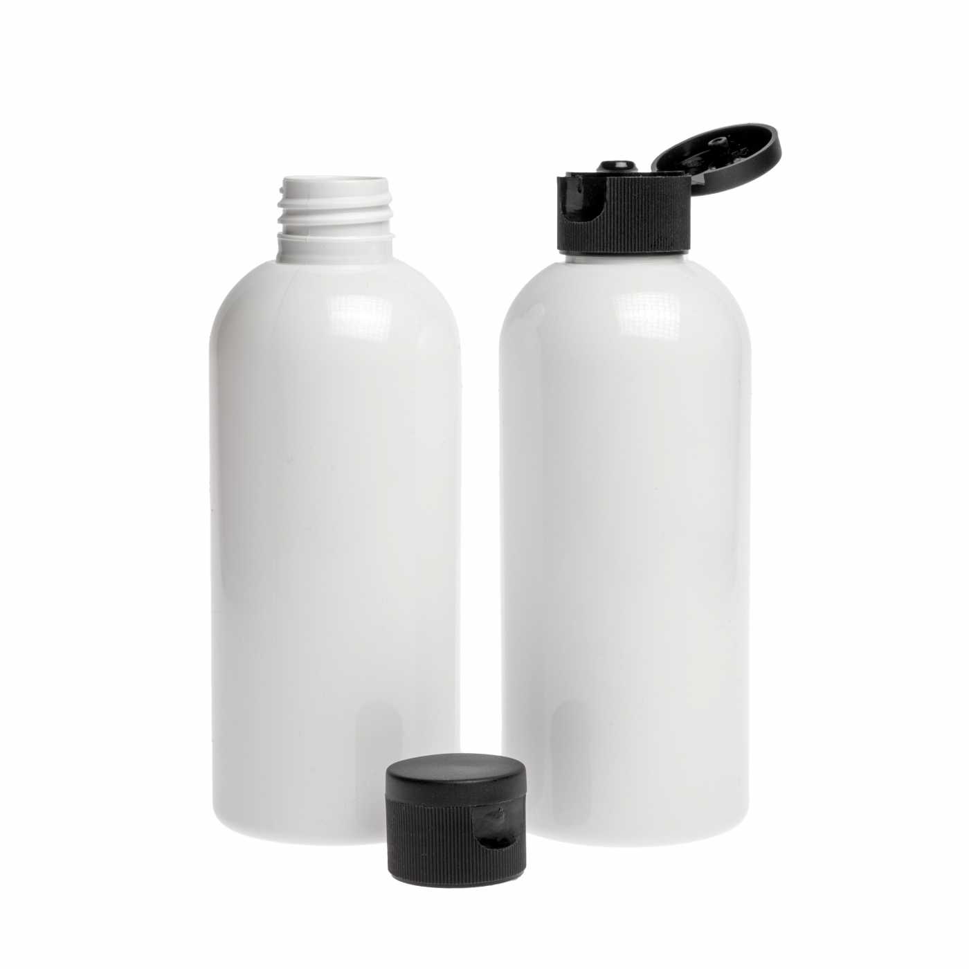 Kunststoffflasche, weiß, schwarzer Klappverschluss, 300 ml