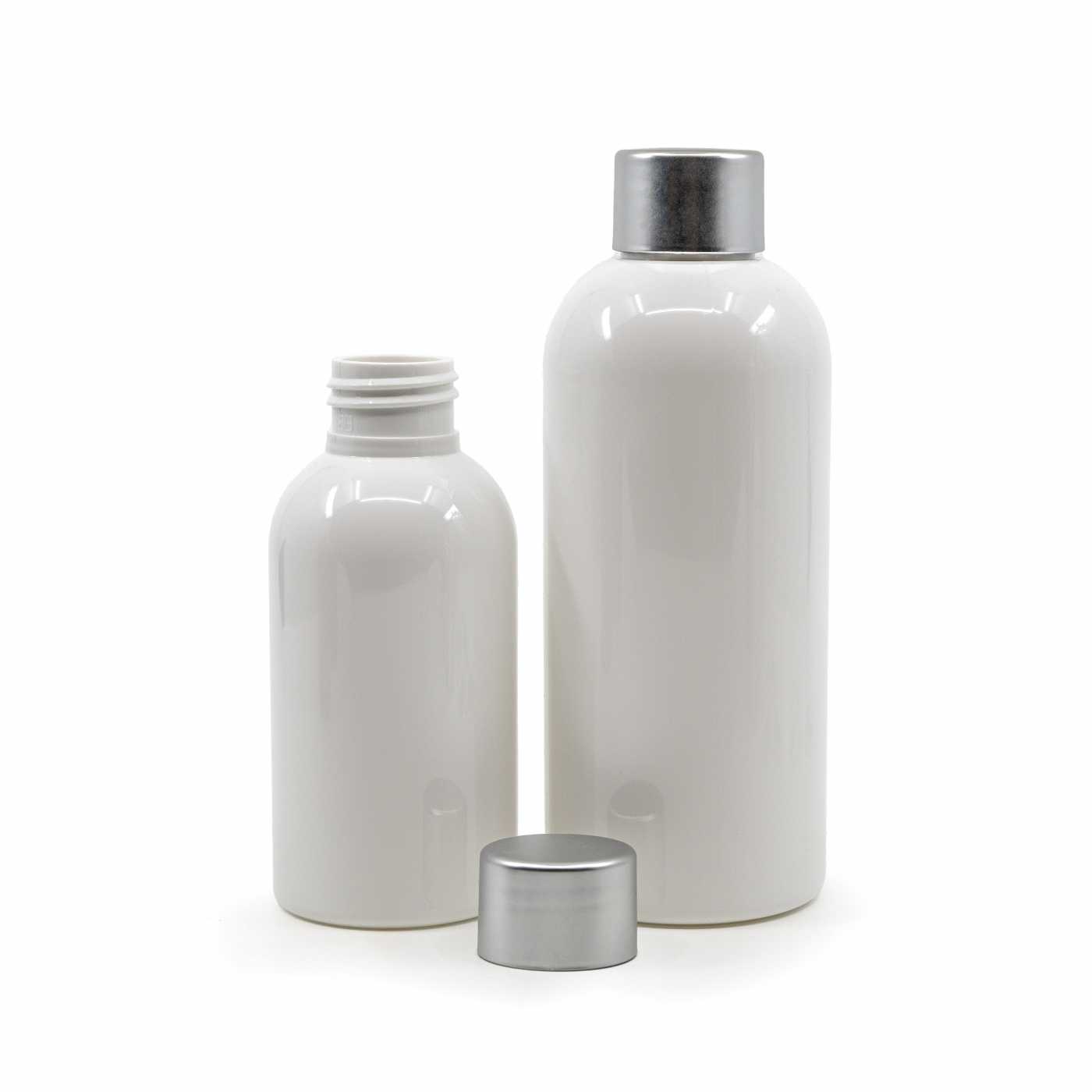 Butelka plastikowa biała, srebrna nakrętka, 300 ml