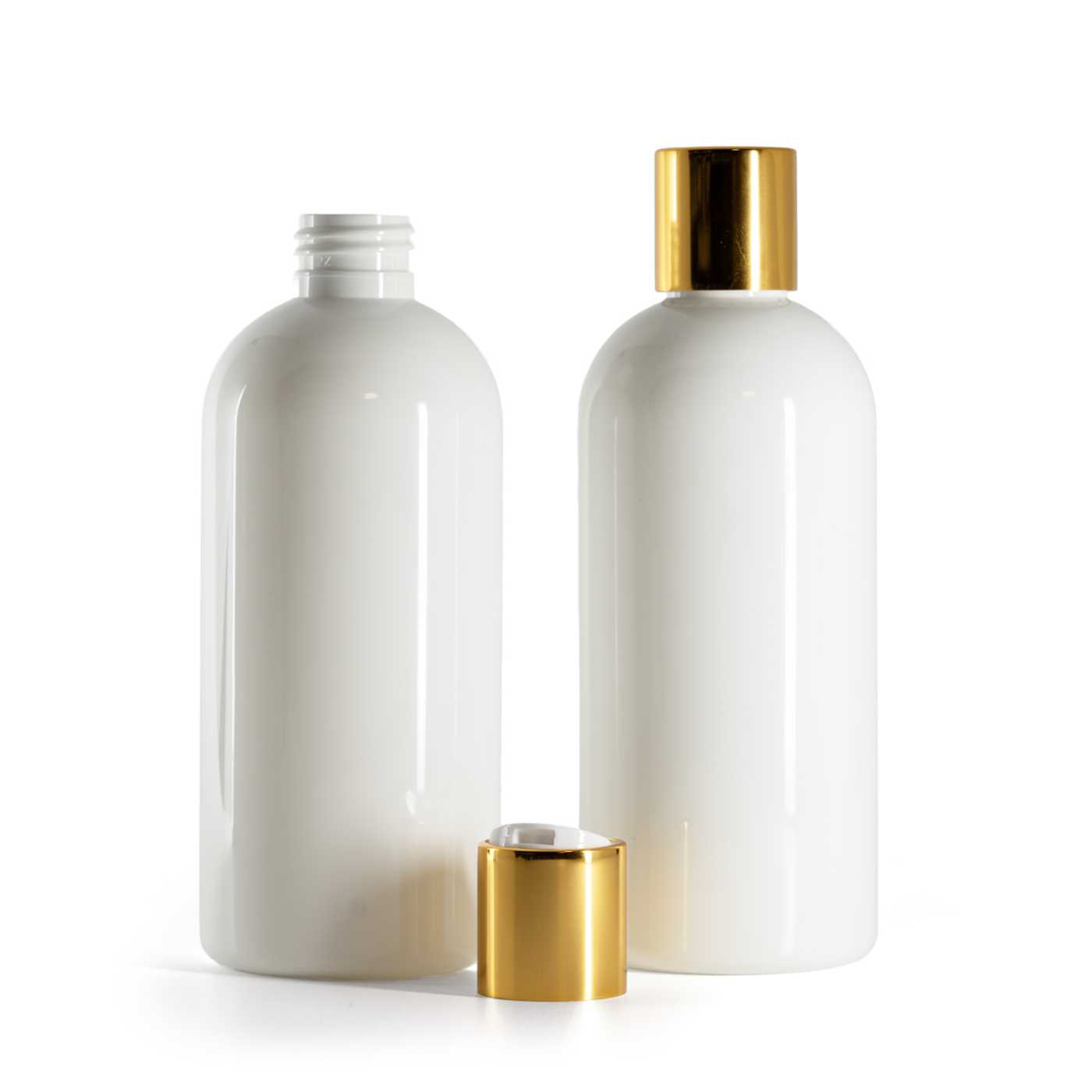 Butelka plastikowa biała, biały disc top ze złotym pierścieniem aluminiowym, 300 ml