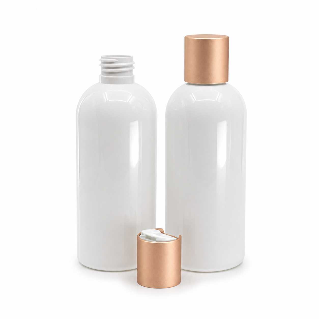 Butelka plastikowa, biała, nakrętka disc top, matowa różowo-złota, 300 ml
