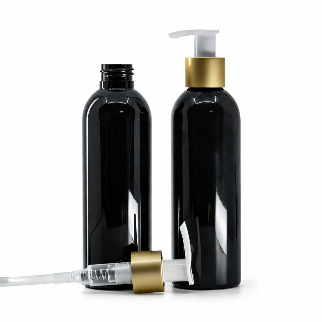 Bouteille en plastique noire brillante, pompe lotion blanche avec collerette or mat, 200 ml
