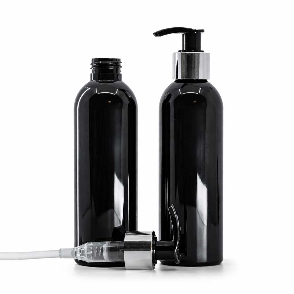 Butelka plastikowa, czarna błyszcząca, czarno-srebrny dozownik, 200 ml