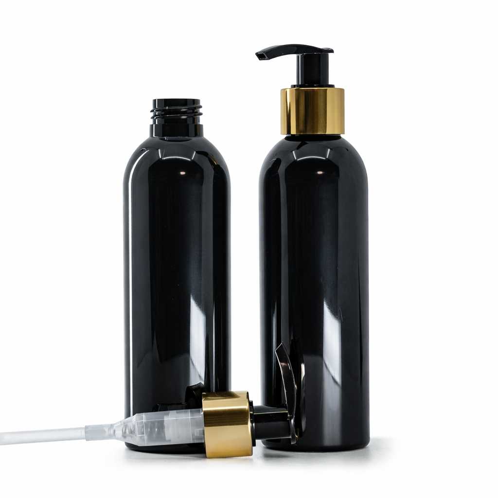 Bouteille en plastique noire brillante, distributeur en plastique doré, 200 ml