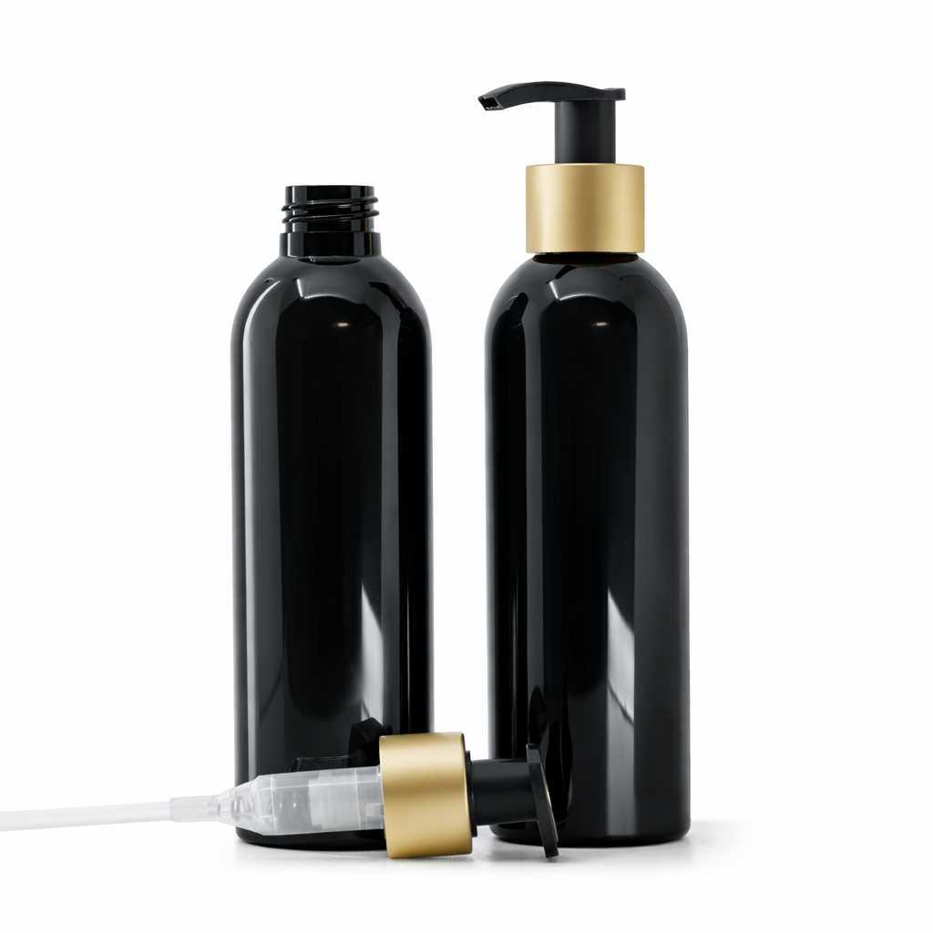 Bouteille en plastique noire brillante, pompe lotion noire avec collerette or mat, 200 ml