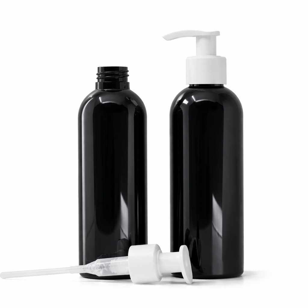 Butelka plastikowa, czarna błyszcząca, biała pompka, 200 ml