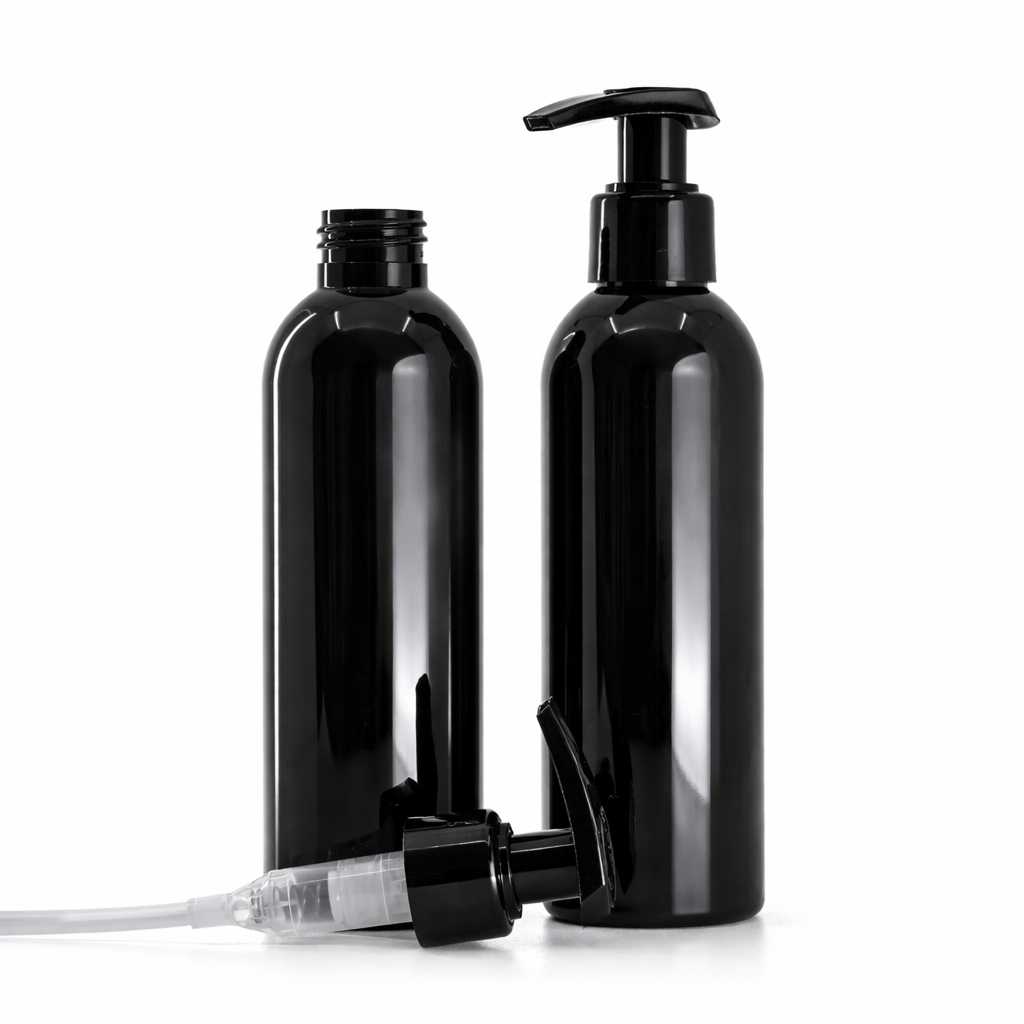 Bouteille en plastique noire brillante, distributeur noir, 200 ml