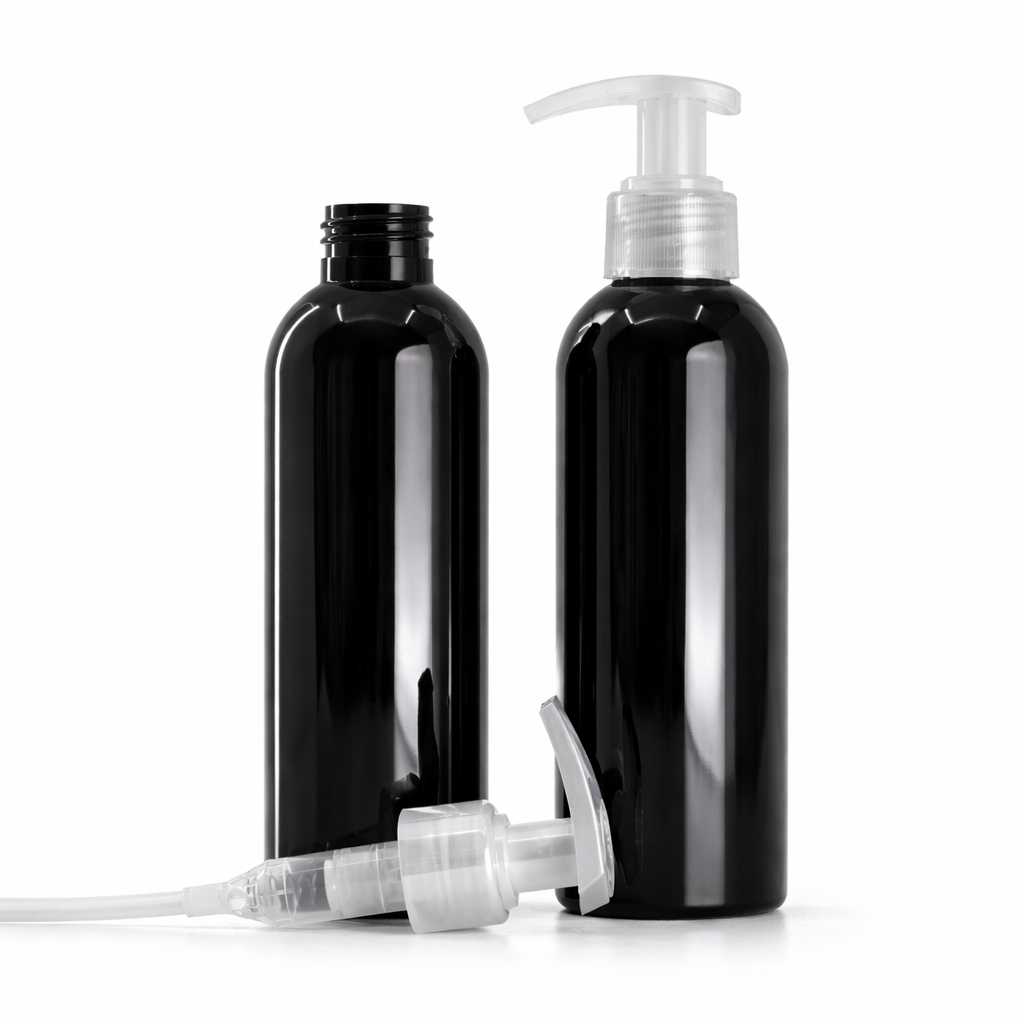 Bouteille en plastique noire brillante, distributeur transparent, 200 ml