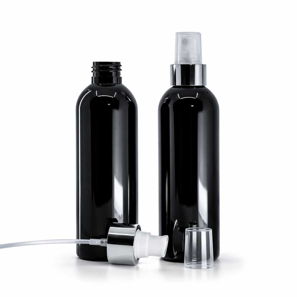 Kunststoffflasche, schwarz glänzend, weißer Sprühzerstäuber, glänzender silberner Ring, 200 ml