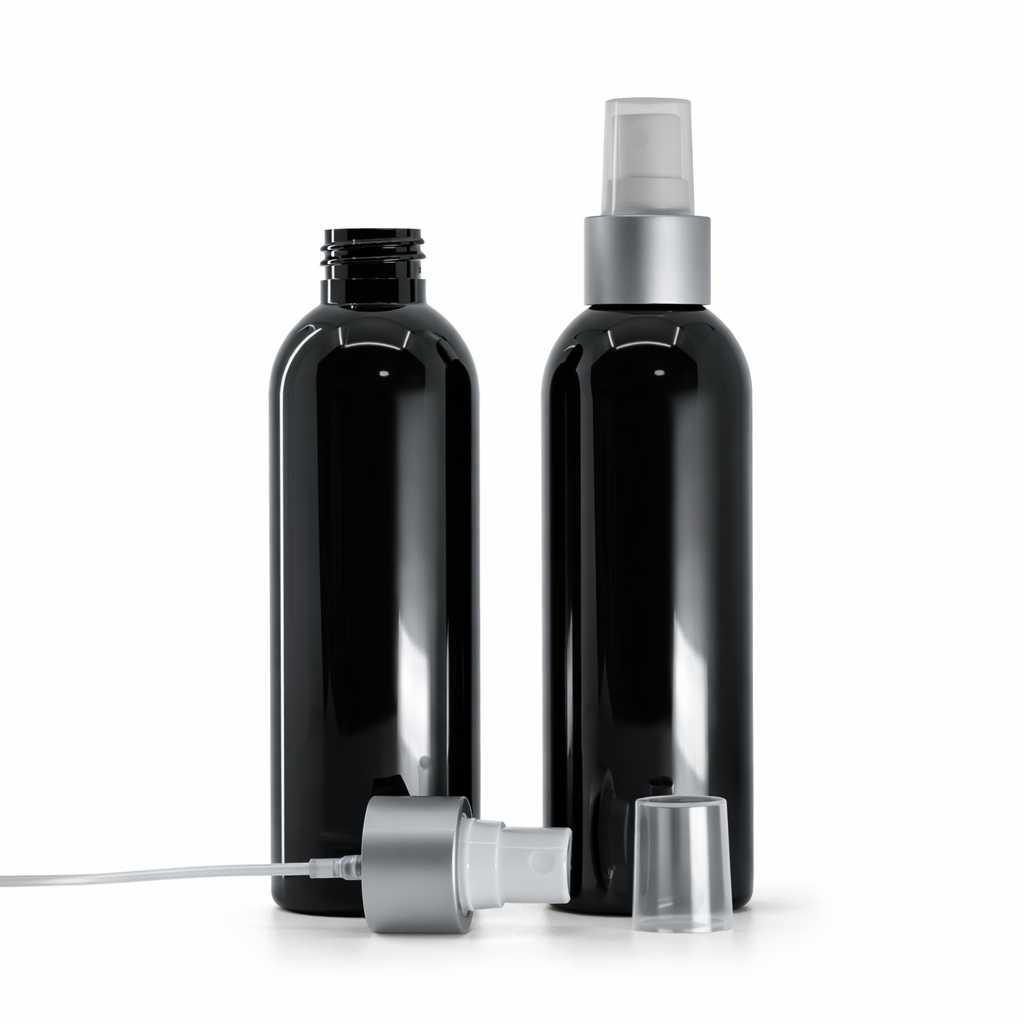 Bouteille en plastique noire brillante, spray brume fine blanc, bague argentée mate, 200 ml