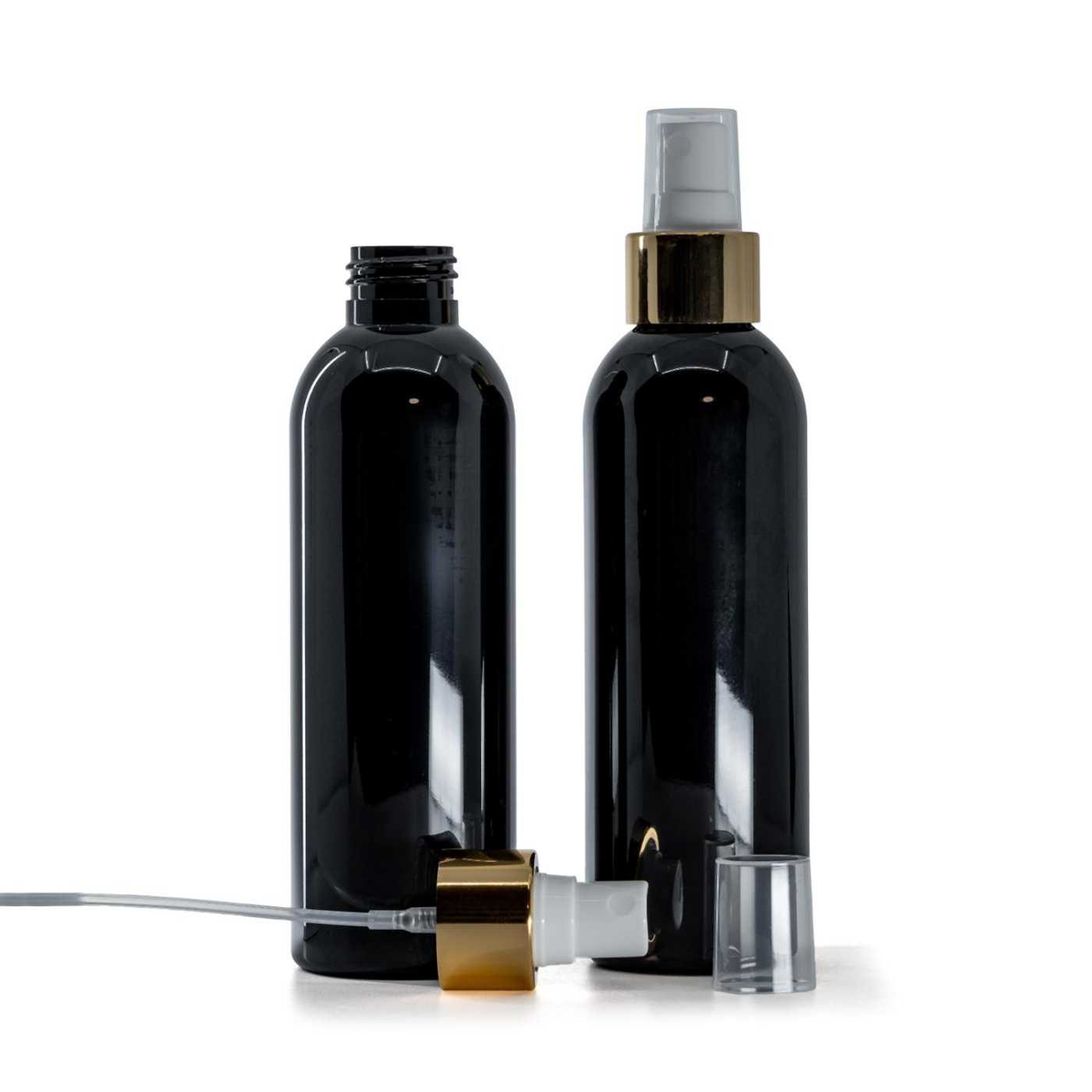 Butelka plastikowa, czarna błyszcząca, biały atomizer, złota błyszcząca obręcz, 200 ml
