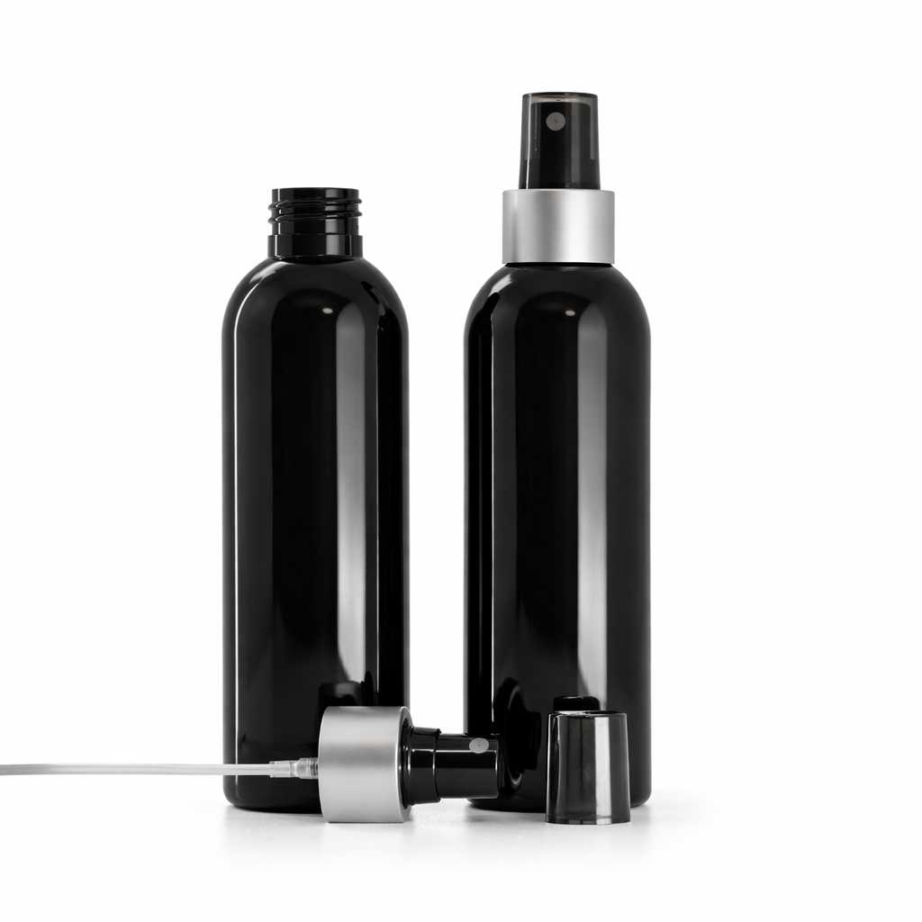 Bouteille en plastique noire brillante, spray noir, bague argentée mate, 200 ml