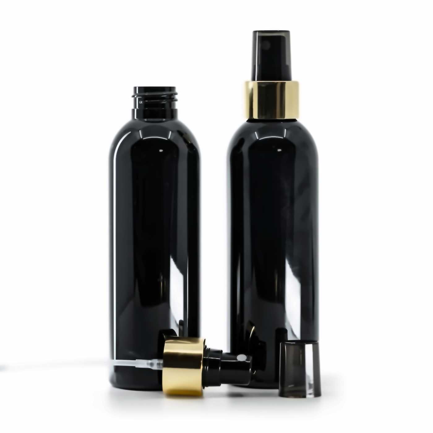 Bouteille en plastique noire brillante, spray brume fine noir, collerette dorée brillante, 200 ml