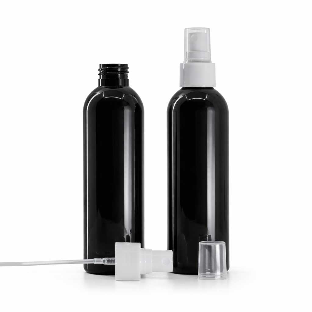 Bouteille en plastique noire brillante, spray brume fine blanc, 200 ml